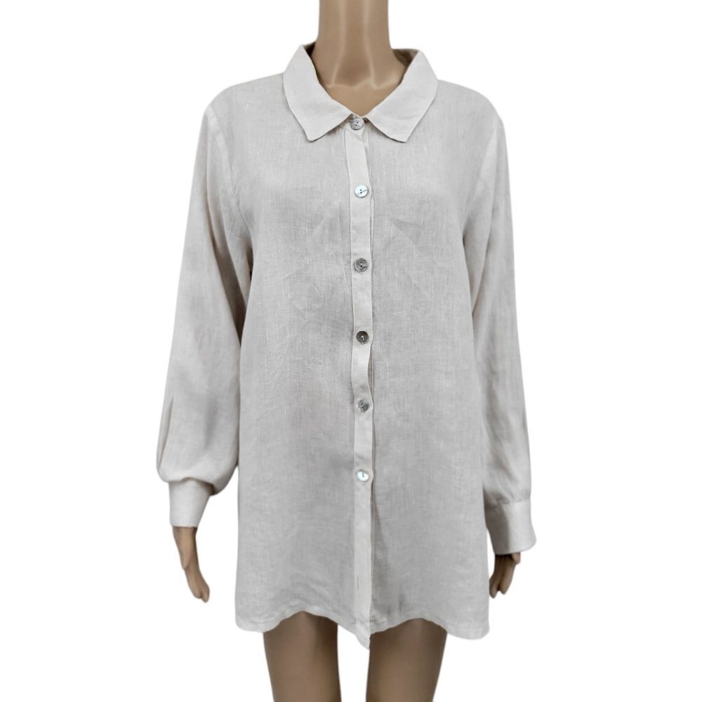 Match Point Linen Off White Bone Button Up Blouse Shirt